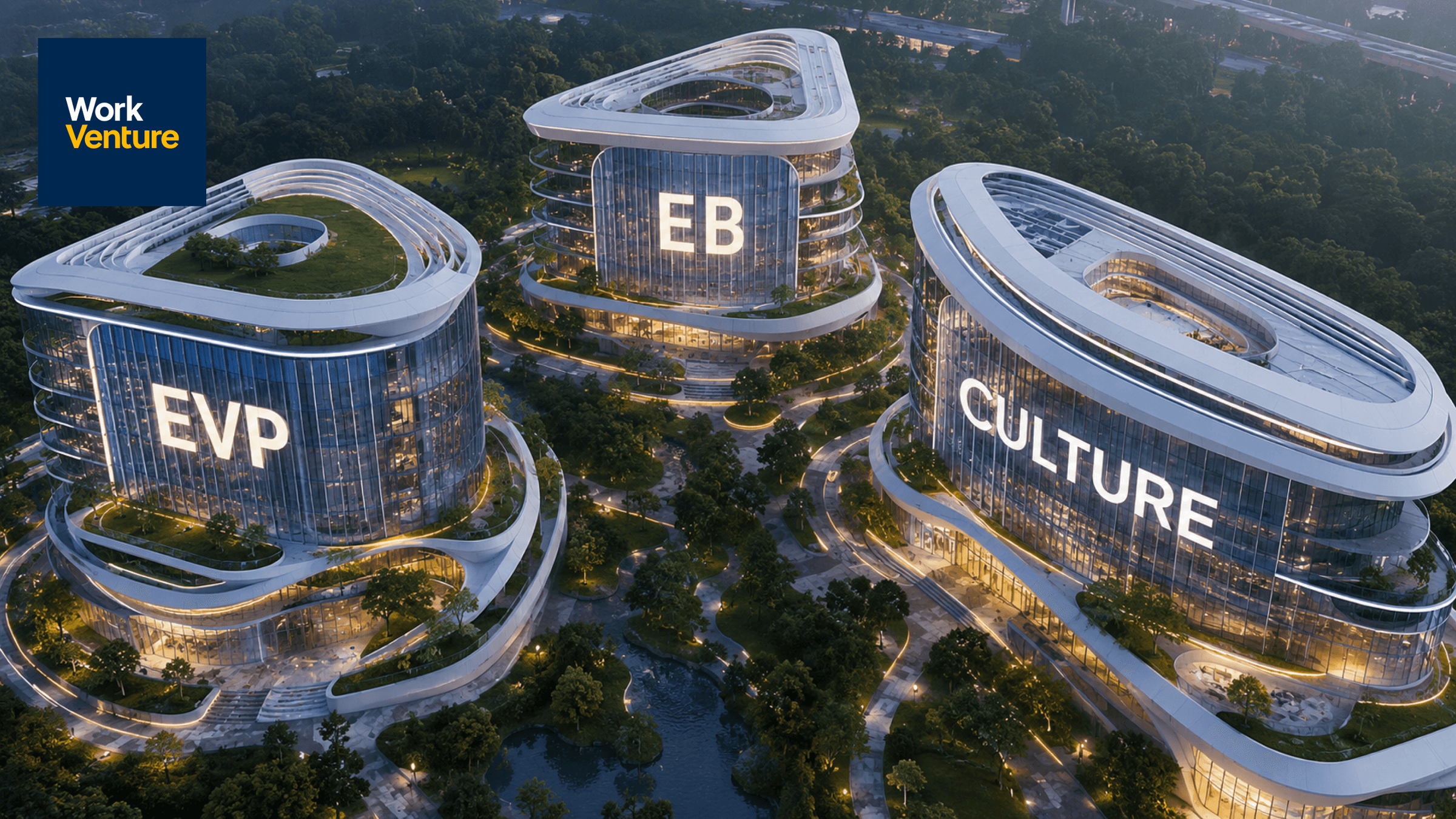ภาพจำลองอาคารสำนักงานล้ำสมัยที่เป็นตัวแทนของ Culture, EVP และ Employer Branding ท่ามกลางบรรยากาศธรรมชาติ