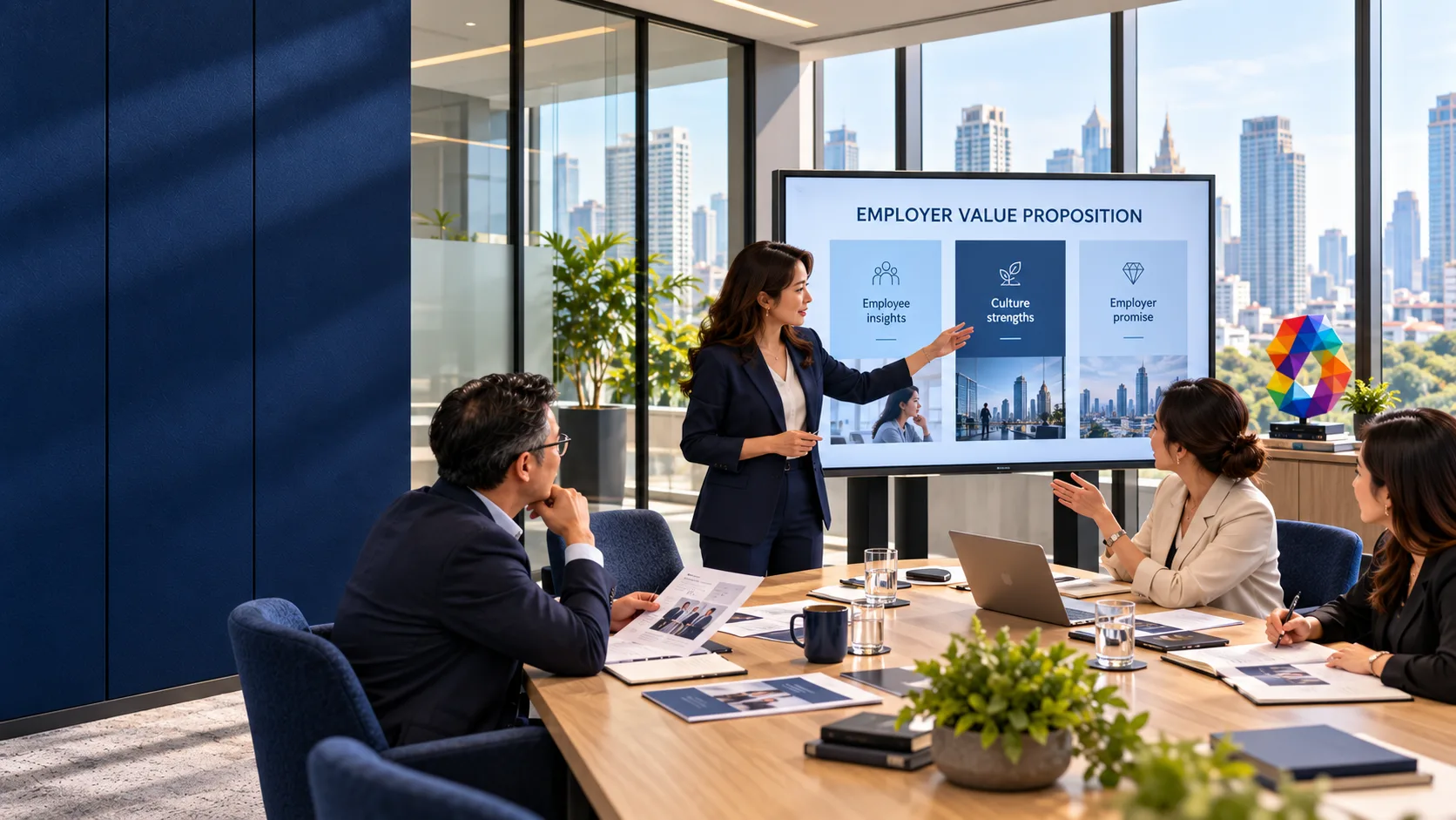 An EVP workshop: a consultant presents employee insights, culture strengths and the employer promise to a leadership team