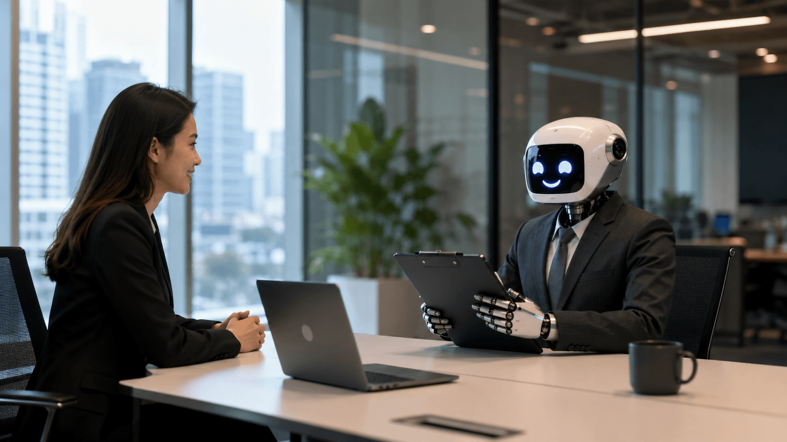 ผู้สมัครกำลังสัมภาษณ์งานกับหุ่นยนต์ AI ในสำนักงานสมัยใหม่ สื่อถึงการใช้ AI ในระบบสรรหาพนักงาน