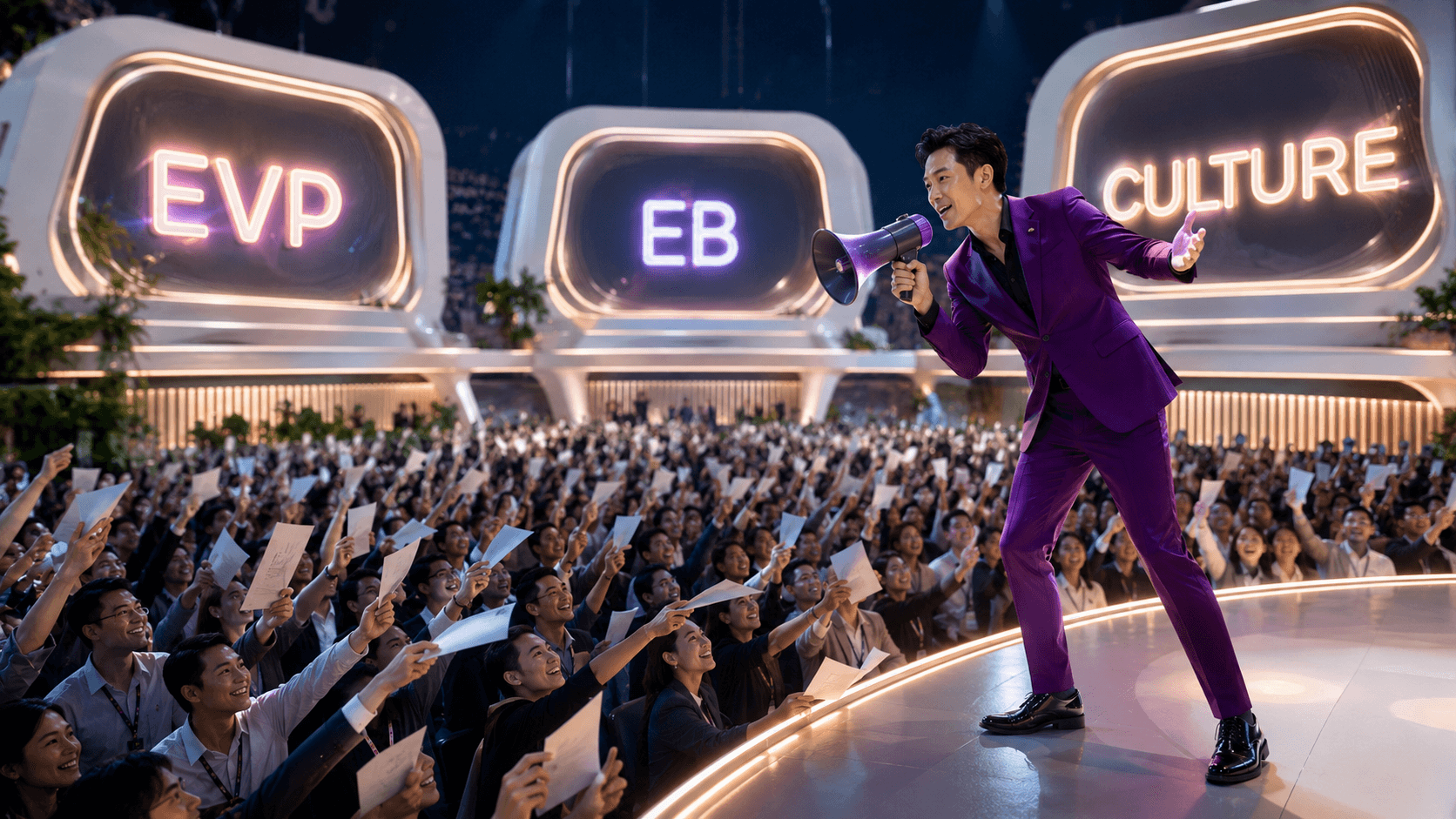 ผู้นำองค์กรสื่อสาร Employer Branding ต่อกลุ่มผู้สมัครงาน ท่ามกลางป้าย EVP EB และ Culture